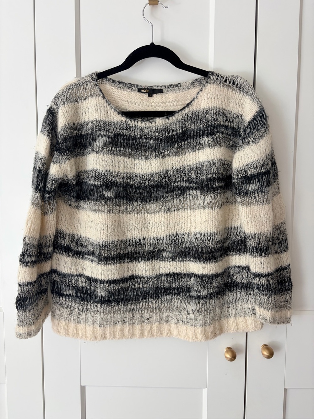Maje Cream and Gray Striped Scoop Neck Sweater Wool/Alpaca Blend | 2